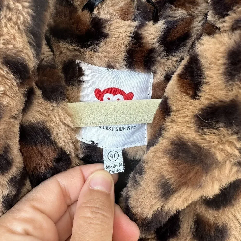 Appaman Girls Cleo Tan  Black Leopard Faux Fur Hooded Teddy Coat‎ Jacket Size 4 - Picture 6 of 14